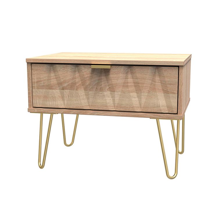 Diamond Midi Bedside Table - 1 Drawer - with Gold Hairpin Legs - Oak