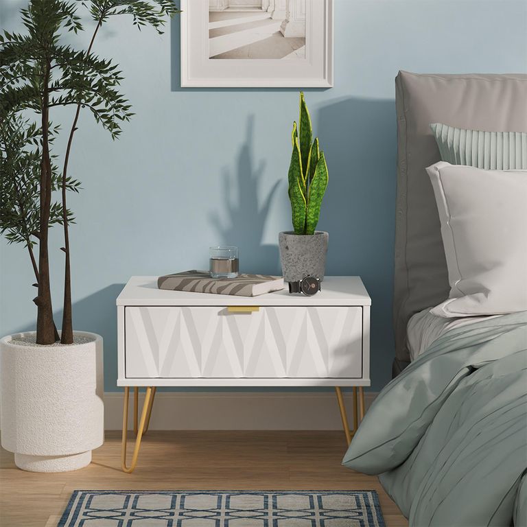 Diamond Midi Bedside Table - 1 Drawer - with Gold Hairpin Legs - White