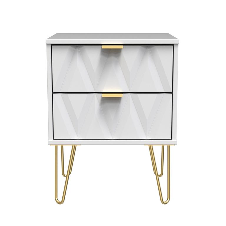 Diamond Bedside Cabinet - 2 Drawer - with Gold Hairpin Legs - White