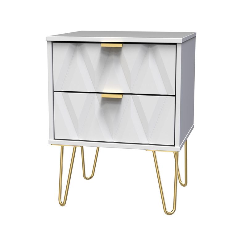 Diamond Bedside Cabinet - 2 Drawer - with Gold Hairpin Legs - White
