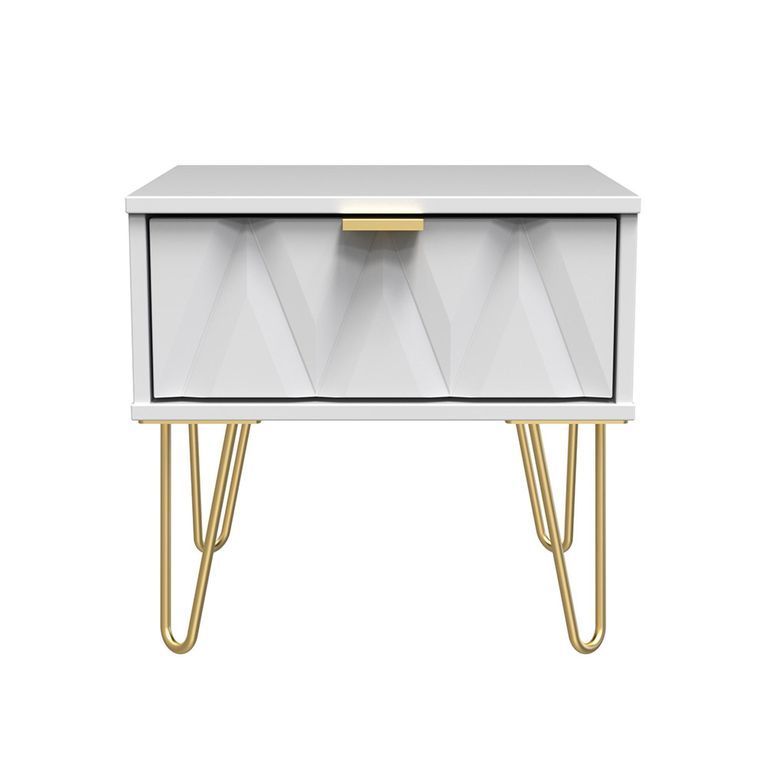 Diamond Bedside Table - 1 Drawer - with Gold Hairpin Legs - White