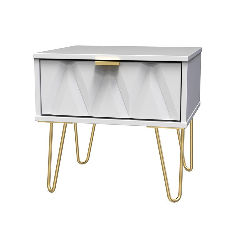 Diamond Bedside Table - 1 Drawer - with Gold Hairpin Legs - White