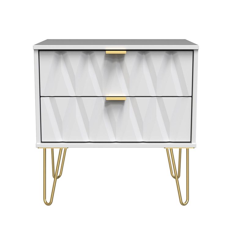 Diamond Midi Bedside Cabinet - 2 Drawer - with Gold Hairpin Legs - White