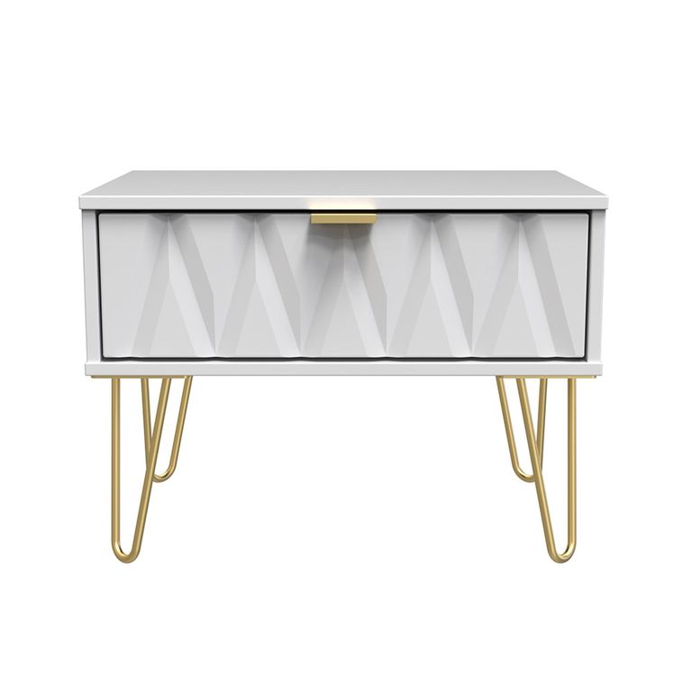 Diamond Midi Bedside Table - 1 Drawer - with Gold Hairpin Legs - White