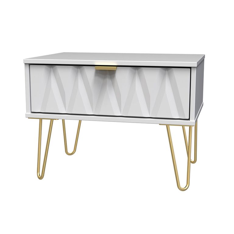 Diamond Midi Bedside Table - 1 Drawer - with Gold Hairpin Legs - White