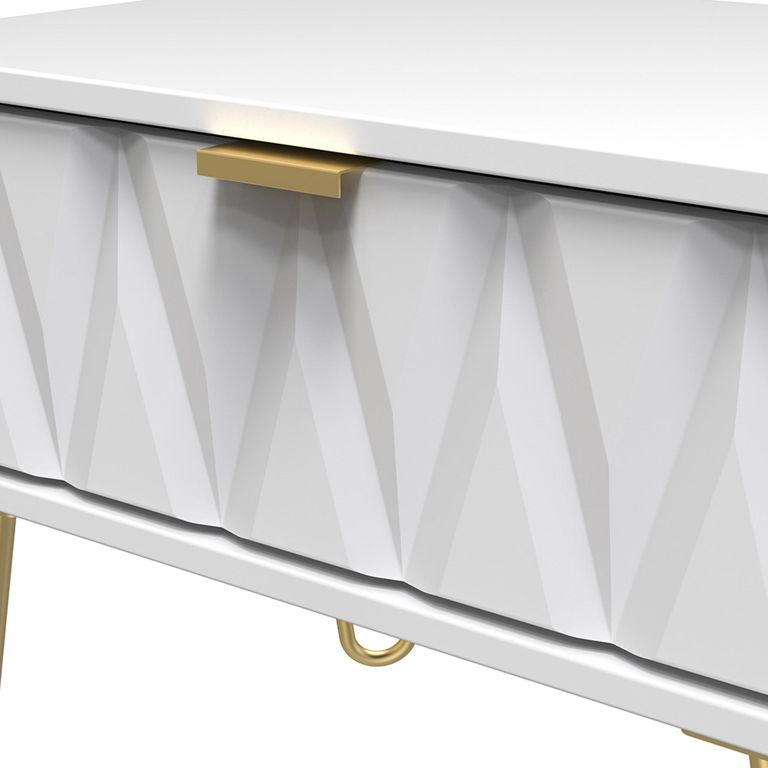 Diamond Midi Bedside Table - 1 Drawer - with Gold Hairpin Legs - White