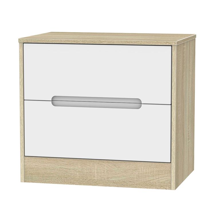 Monaco Bedside Cabinet - Wide - 2 Drawer - White Matt and Oak