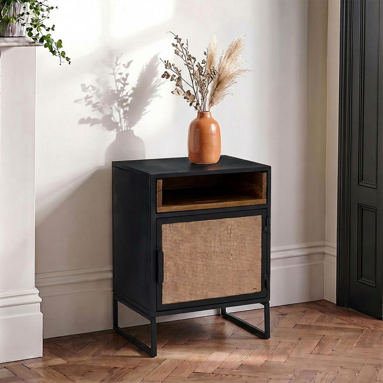 Bedside Cabinet - 1 Door - Natural Rattan and Black Metal
