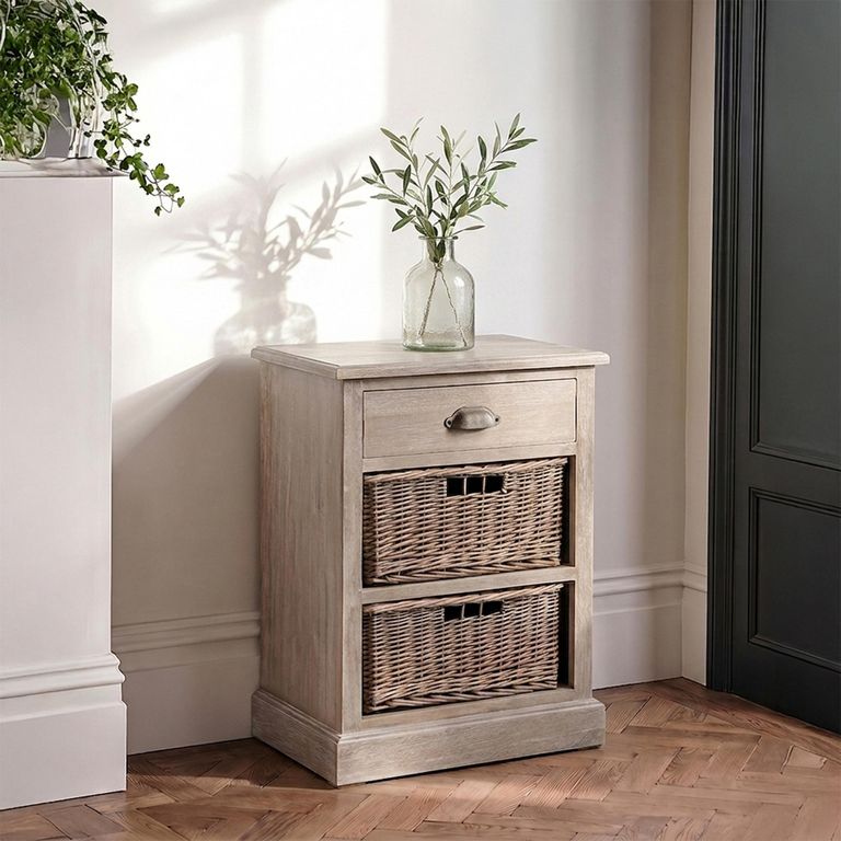 Bedside Cabinet - 1 Drawer - 2 Rattan Basket - Grey Wood