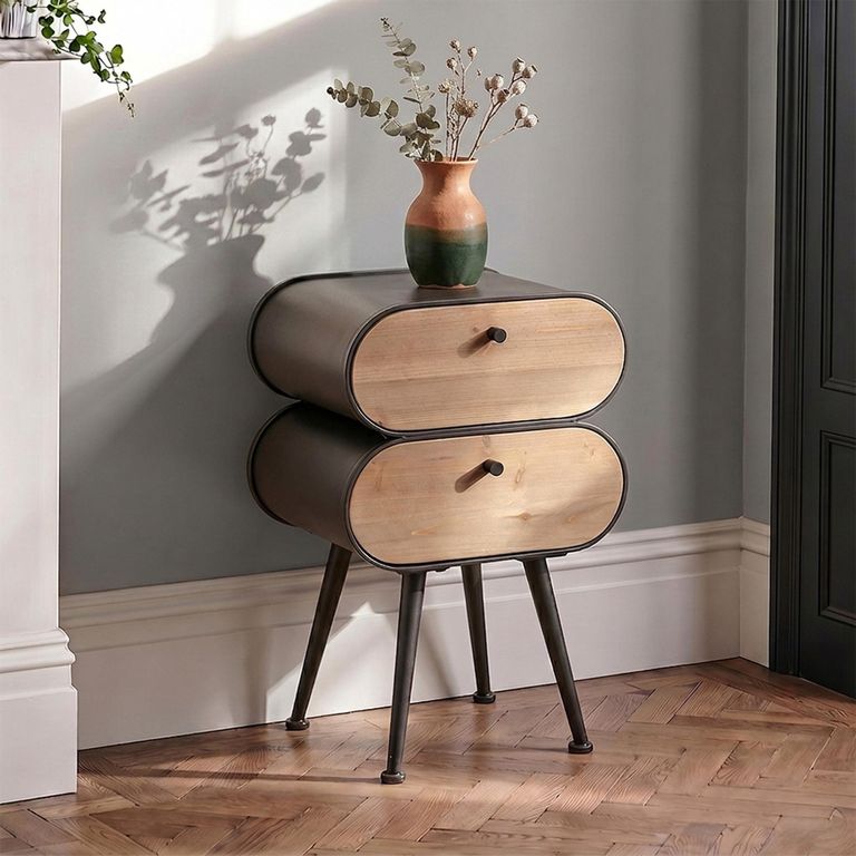 Curved Bedside Cabinet - 2 Drawer - Black and Light Beige - Fir Wood and Metal