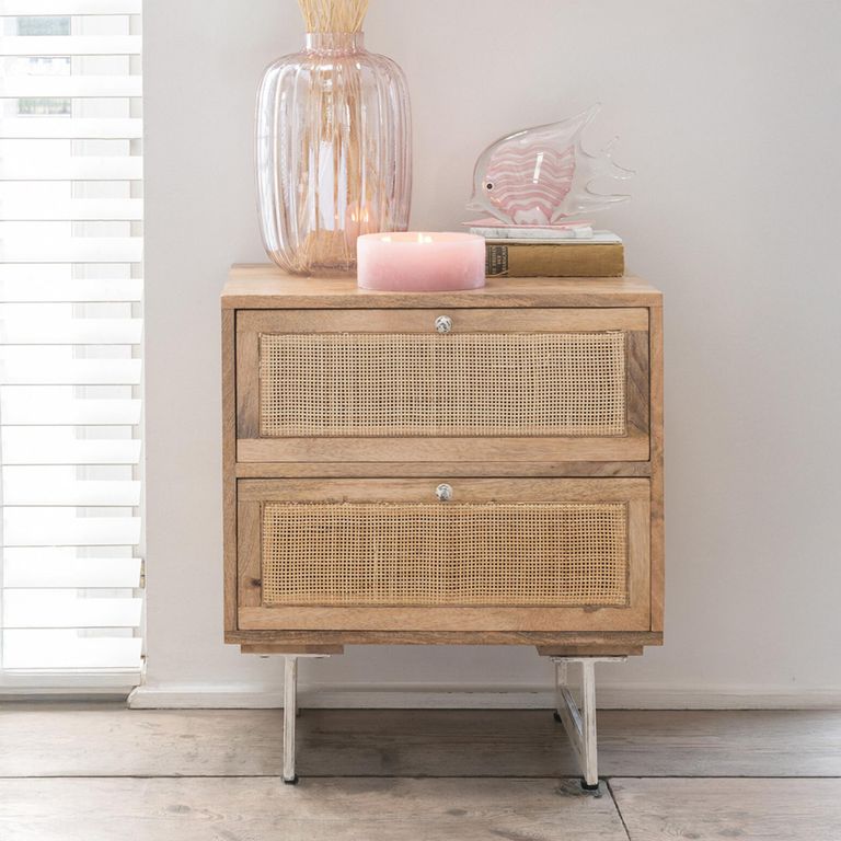 Bedside Cabinet  - 2 Drawer - Natural Rattan Mango Wood