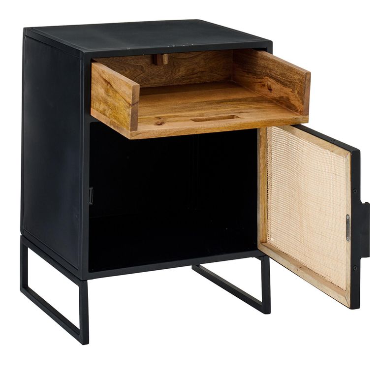 Bedside Cabinet - 1 Door - Natural Rattan and Black Metal