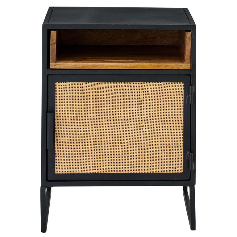 Bedside Cabinet - 1 Door - Natural Rattan and Black Metal