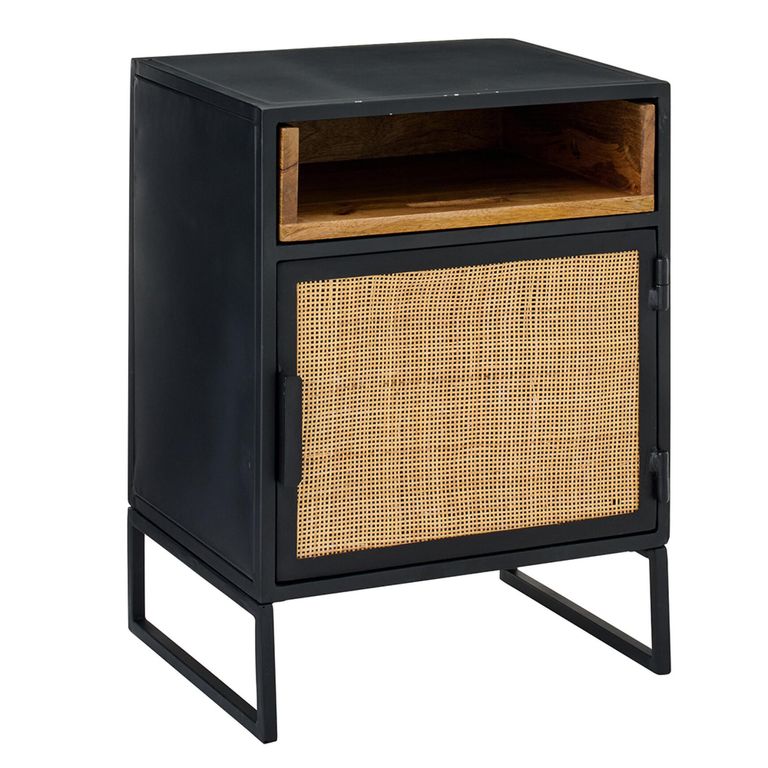Bedside Cabinet - 1 Door - Natural Rattan and Black Metal