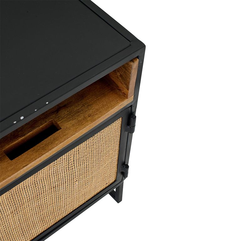 Bedside Cabinet - 1 Door - Natural Rattan and Black Metal