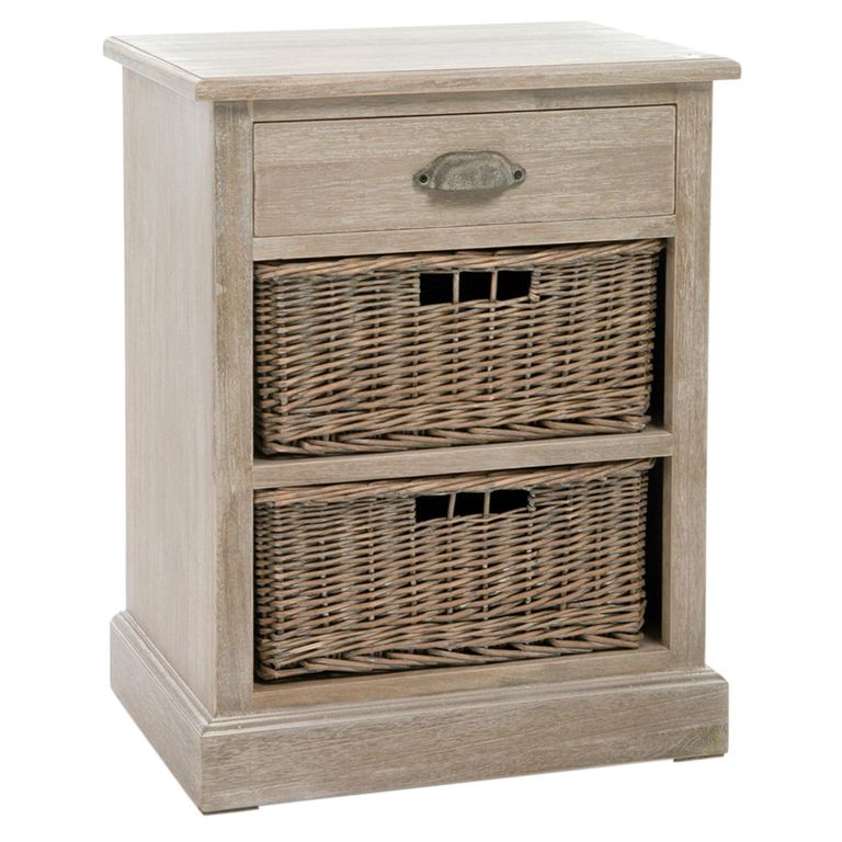 Bedside Cabinet - 1 Drawer - 2 Rattan Basket - Grey Wood