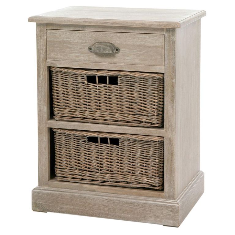 Bedside Cabinet - 1 Drawer - 2 Rattan Basket - Grey Wood