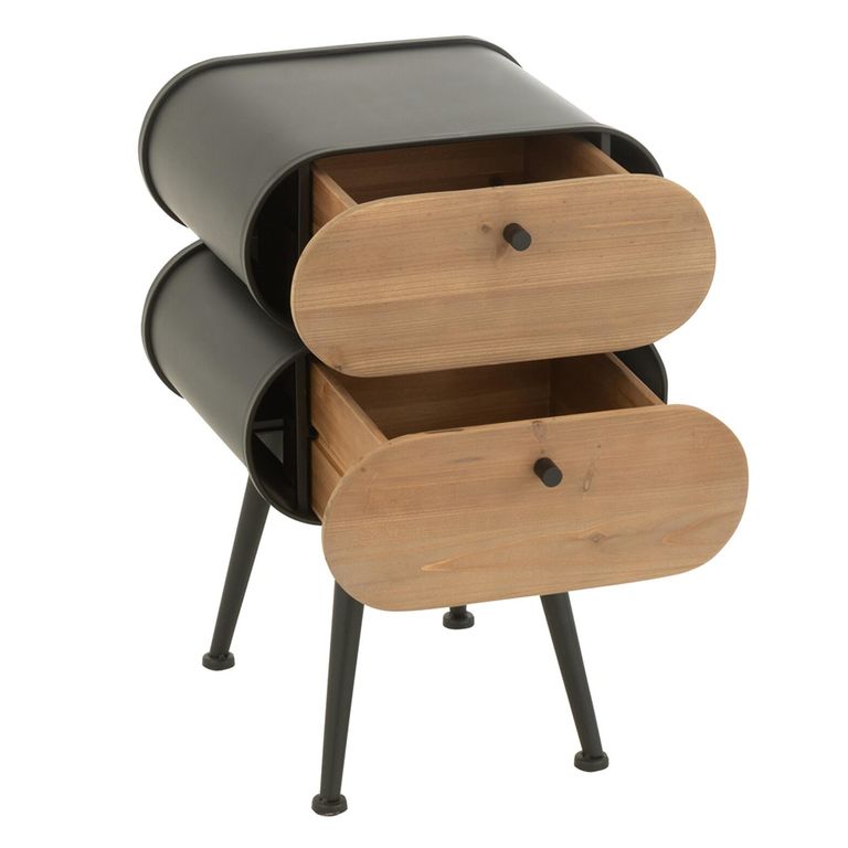Curved Bedside Cabinet - 2 Drawer - Black and Light Beige - Fir Wood and Metal