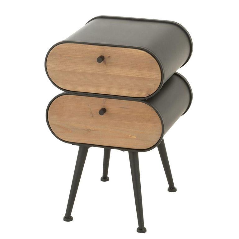 Curved Bedside Cabinet - 2 Drawer - Black and Light Beige - Fir Wood and Metal