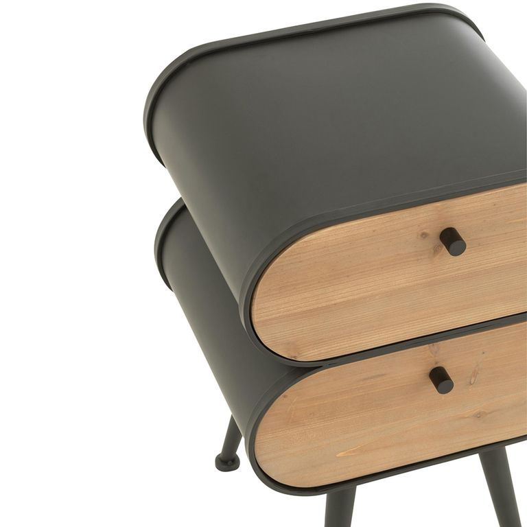 Curved Bedside Cabinet - 2 Drawer - Black and Light Beige - Fir Wood and Metal