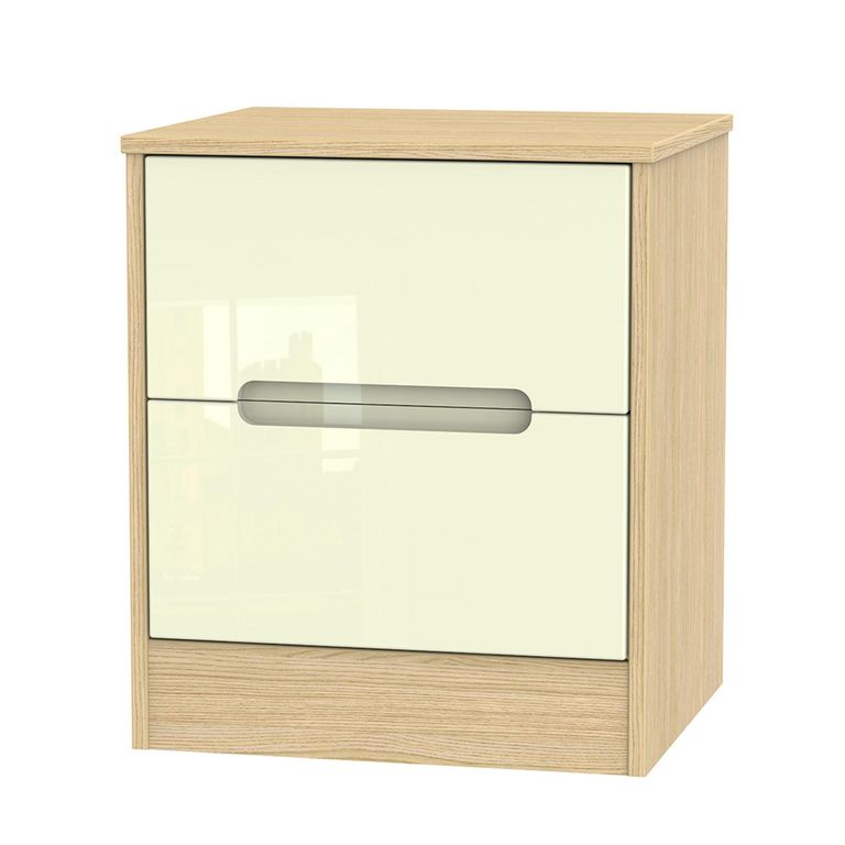 Monaco Bedside Cabinet - 2 Drawer - Cream Gloss and Light Oak