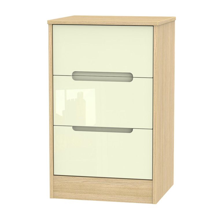 Monaco Bedside Cabinet - 3 Drawer - Cream Gloss and Light Oak