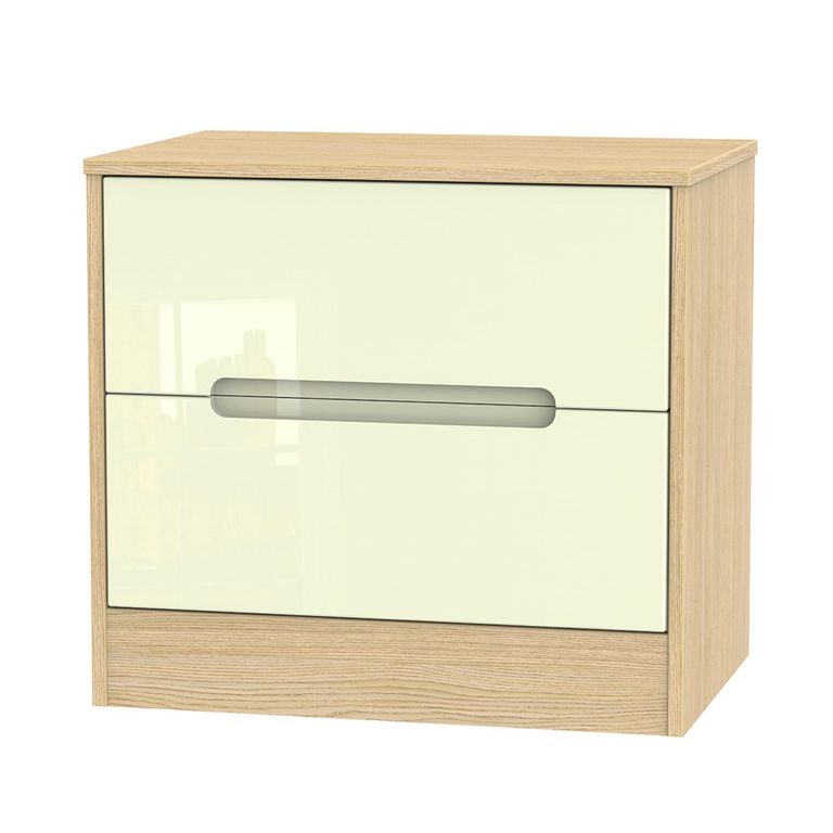 Monaco Bedside Cabinet - Wide - 2 Drawer - Cream Gloss and Light Oak