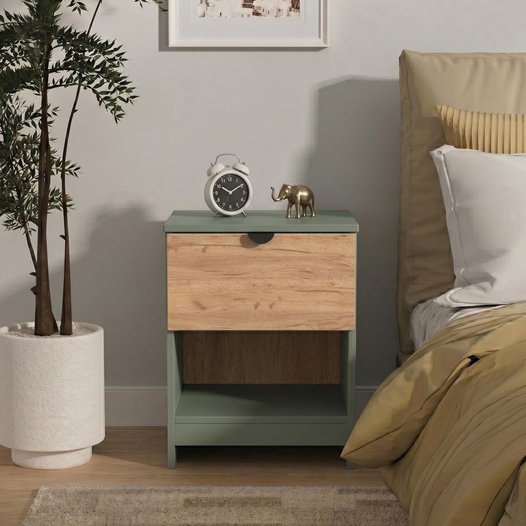 Bora Bedside Cabinet - 1 Drawer - Open Shelf - Gold Craft Oak and Reed Green