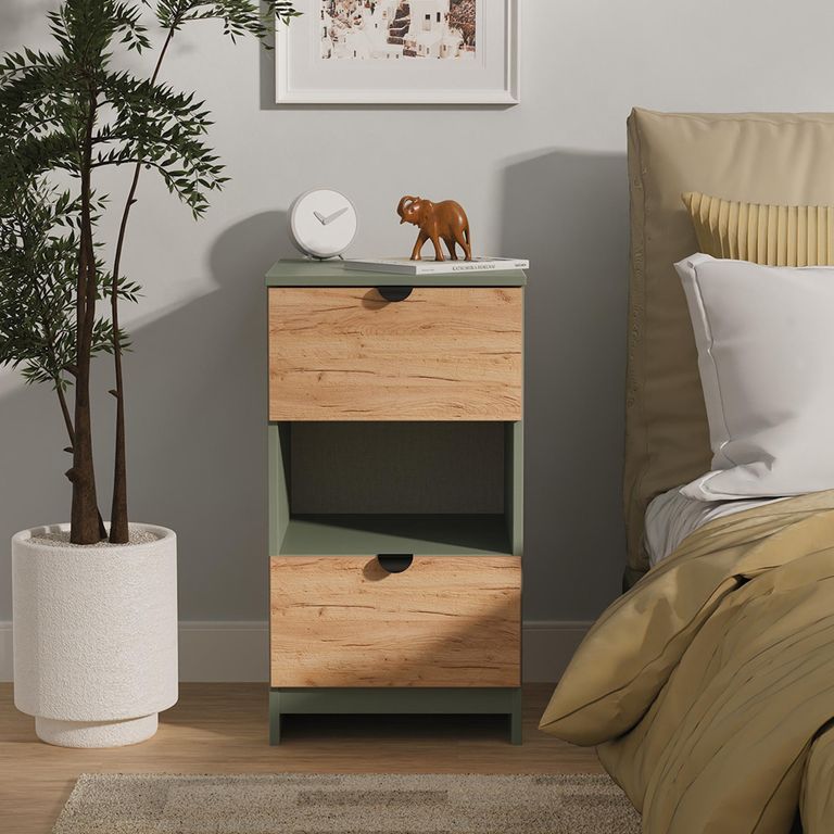 Bora Bedside Cabinet - 2 Drawer - Open Shelf - Gold Craft Oak and Reed Green