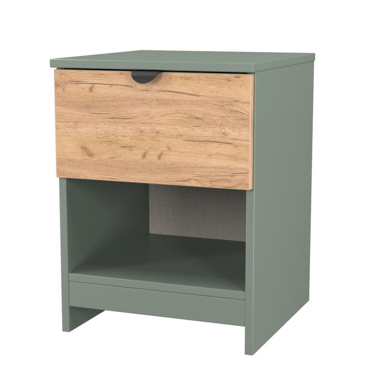 Bora Bedside Cabinet - 1 Drawer - Open Shelf - Gold Craft Oak and Reed Green