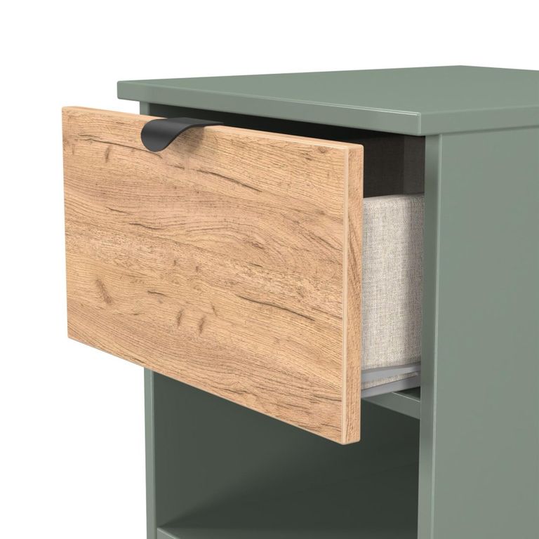 Bora Bedside Cabinet - 1 Drawer - Open Shelf - Gold Craft Oak and Reed Green