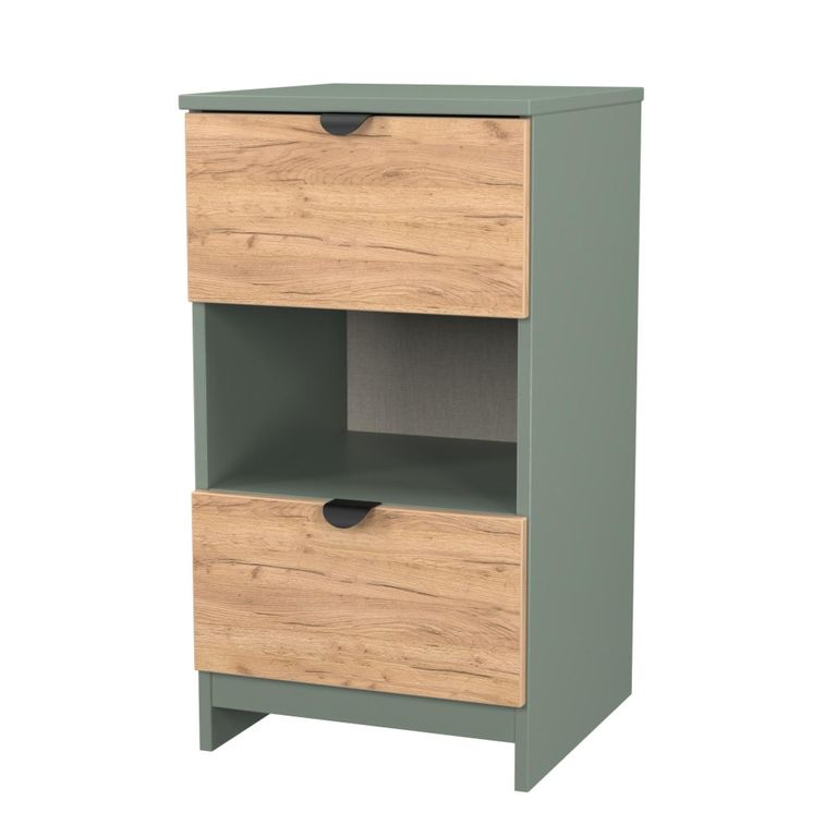 Bora Bedside Cabinet - 2 Drawer - Open Shelf - Gold Craft Oak and Reed Green