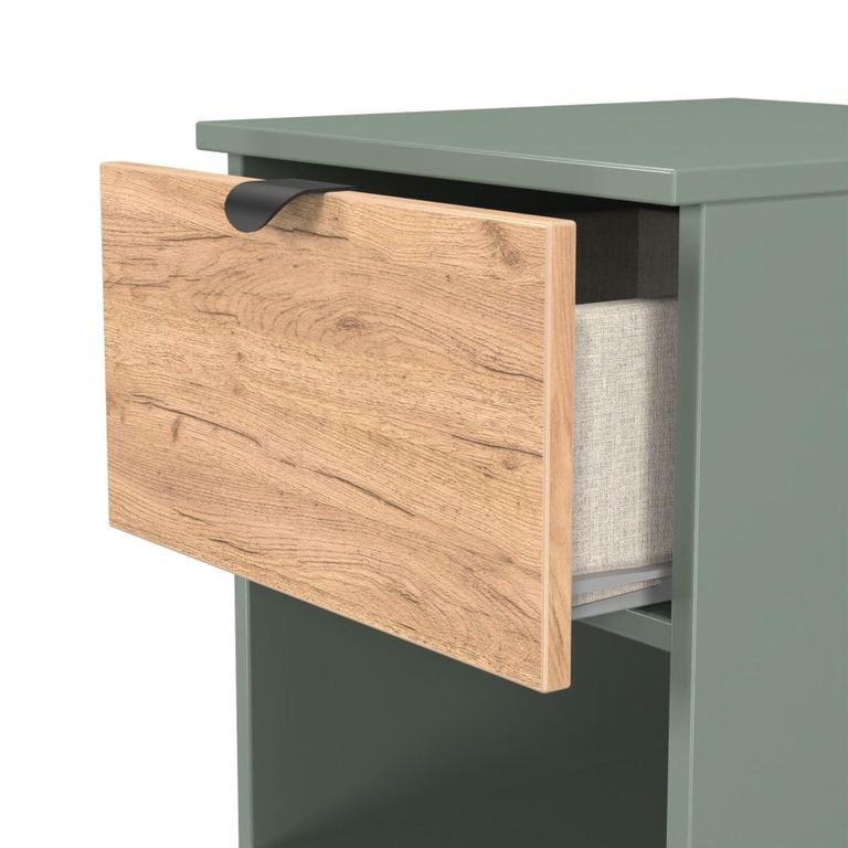 Bora Bedside Cabinet - 2 Drawer - Open Shelf - Gold Craft Oak and Reed Green