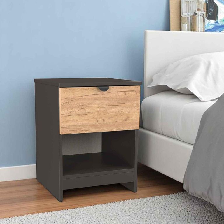 Bora Bedside Cabinet - 1 Drawer - Open Shelf - Gold Craft Oak and Graphite
