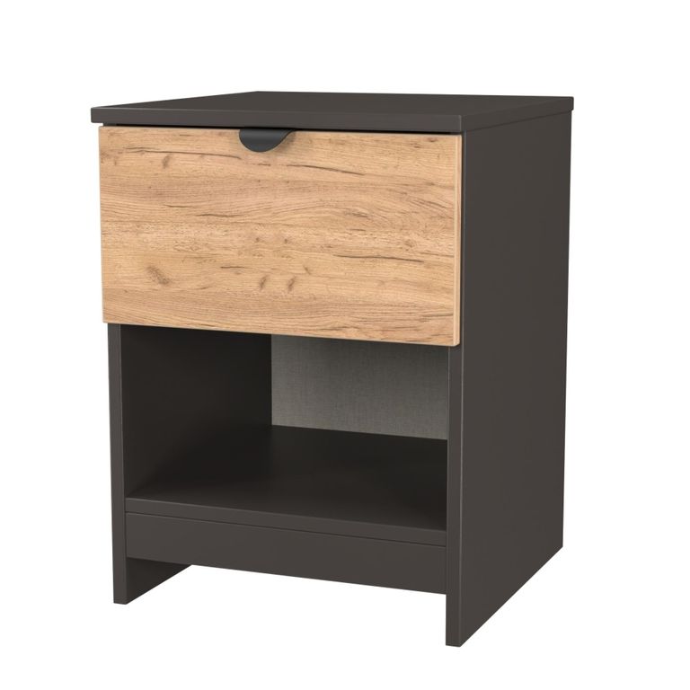 Bora Bedside Cabinet - 1 Drawer - Open Shelf - Gold Craft Oak and Graphite