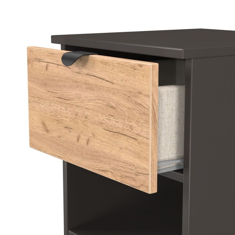 Bora Bedside Cabinet - 1 Drawer - Open Shelf - Gold Craft Oak and Graphite