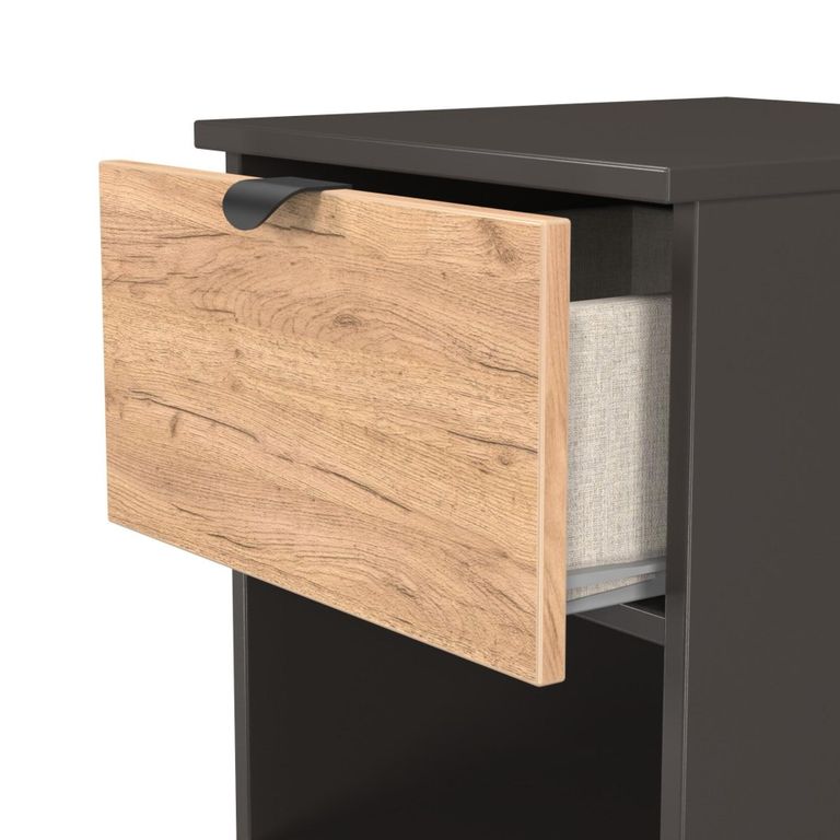 Bora Bedside Cabinet - 2 Drawer - Open Shelf - Gold Craft Oak and Graphite