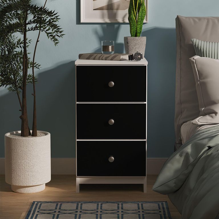 Yarmouth Bedside Cabinet - 3 Drawer - Black Matt and White Matt