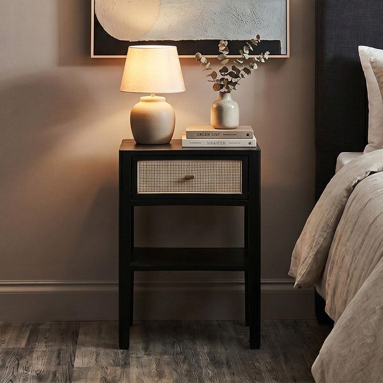 Corso Bedside Table - 1 Drawer - Black Wood and Rattan