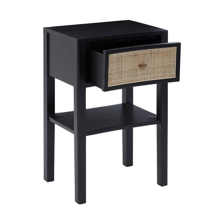 Corso Bedside Table - 1 Drawer - Black Wood and Rattan