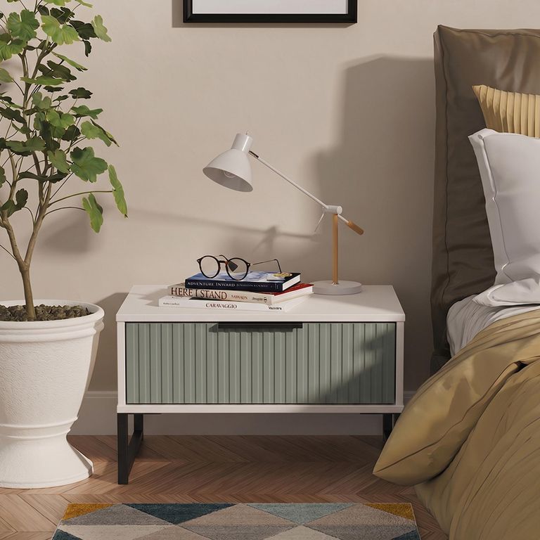Fluted Bedside Cabinet - 1 Drawer - Midi - Reed Green and White Matt