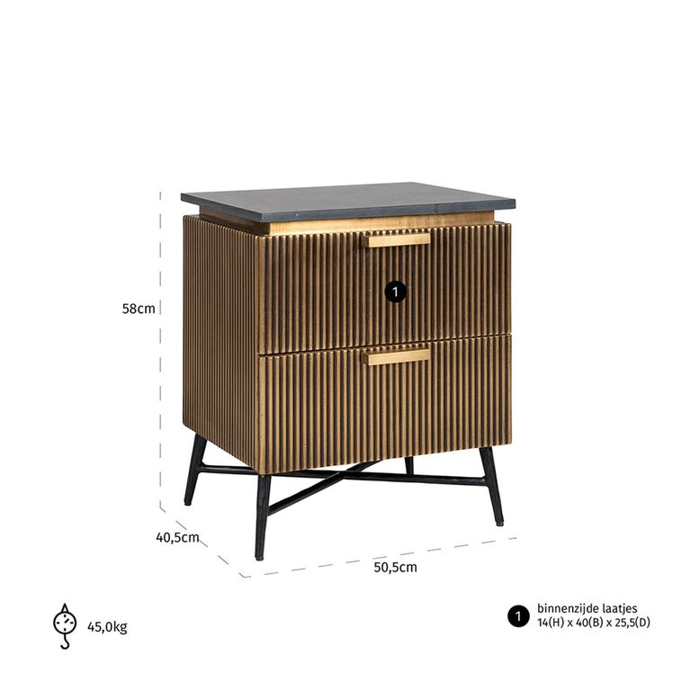 Ironville Brass Ribbed 2 Drawer Bedside Cabinet