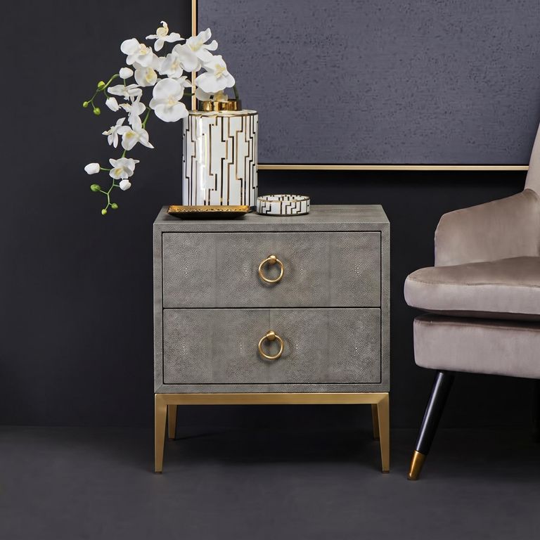 Deruta Bedside Cabinet - 2 Drawer - Grey Faux Shagreen