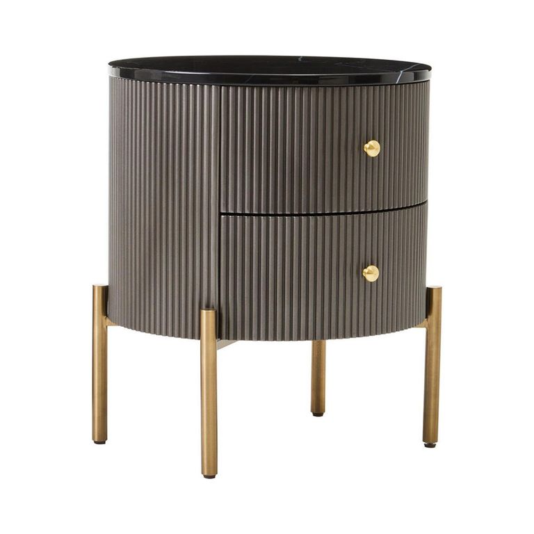 Dervio Bedside Cabinet - 2 Drawer - Round - Grey Fluted with Black Marble Top