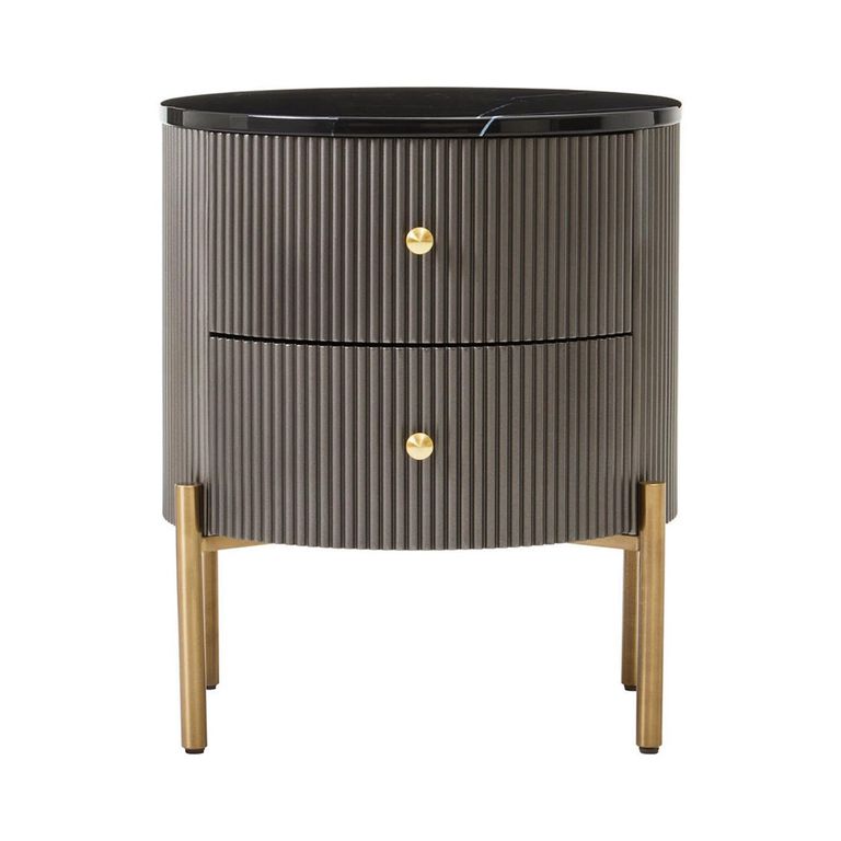 Dervio Bedside Cabinet - 2 Drawer - Round - Grey Fluted with Black Marble Top