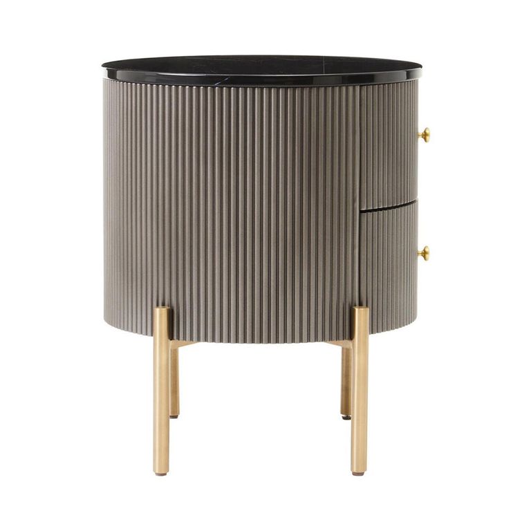 Dervio Bedside Cabinet - 2 Drawer - Round - Grey Fluted with Black Marble Top