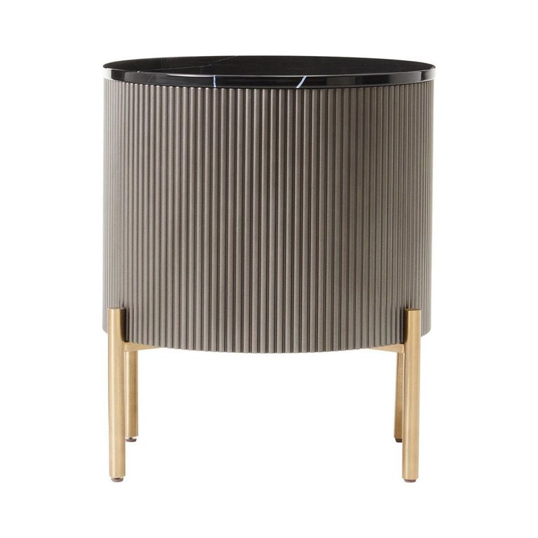 Dervio Bedside Cabinet - 2 Drawer - Round - Grey Fluted with Black Marble Top