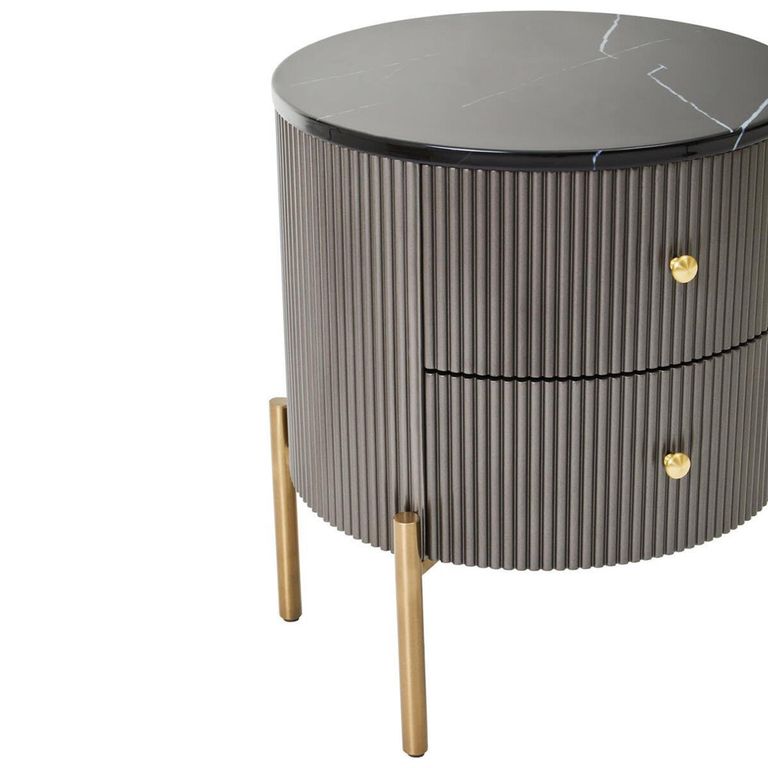 Dervio Bedside Cabinet - 2 Drawer - Round - Grey Fluted with Black Marble Top