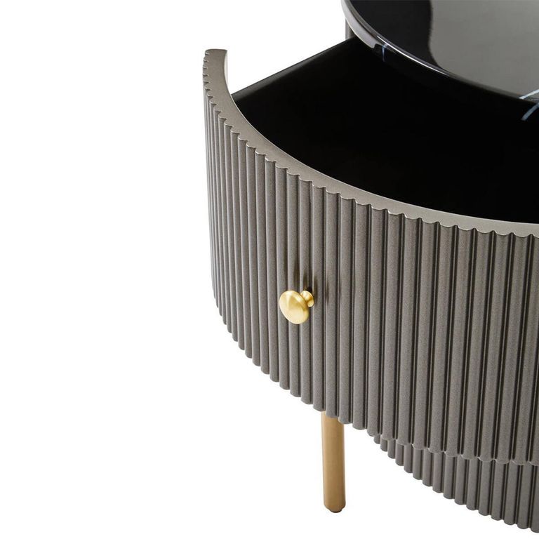 Dervio Bedside Cabinet - 2 Drawer - Round - Grey Fluted with Black Marble Top