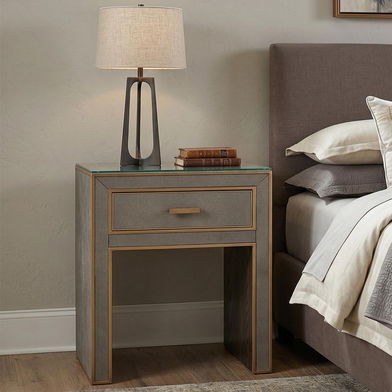 Bloomville Bedside Table - 1 Drawer - Shagreen Faux Leather - Glass Top